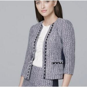 White House Black Market Tweed Blazer Jacket Size 2 Pearls Business Career